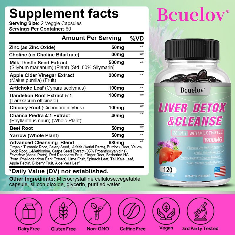 Bcuelov 28-In-1 Liver Cleanse Detox & Repair Fatty Liver Formula - Milk Thistle, Artichoke Extract, Dandelion & Apple Cider Vinegar - Liver Health Supplement Support Capsules