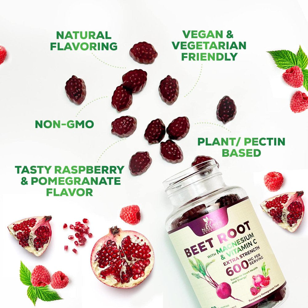Beet Chews Gummies with Beetroot - Energy & Heart Health Support, Natural Nitric Oxide Production Support, Superfood Beets Soft Chews Gummy Supplement - Pomegranate Flavor - 60 Count Beet Root Gummies