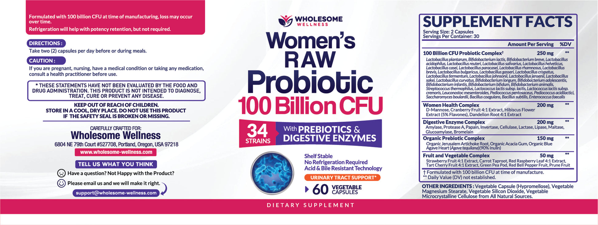 Dr. Formulated Raw Probiotics for Women 100 Billion CFU with Prebiotics, Digestive Enzymes, & UT Protection, Dr. Approved Women'S Probiotic for Adults, Shelf Stable Probiotic Supplement, 30 Capsules