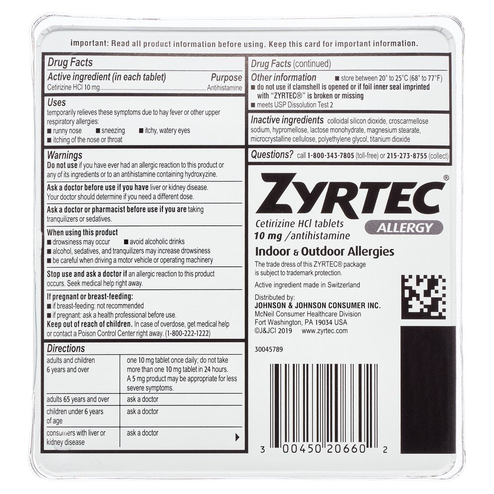 Zyrtec 24 Hour Allergy Relief Tablets with 10 Mg Cetirizine Hcl, 60Ct