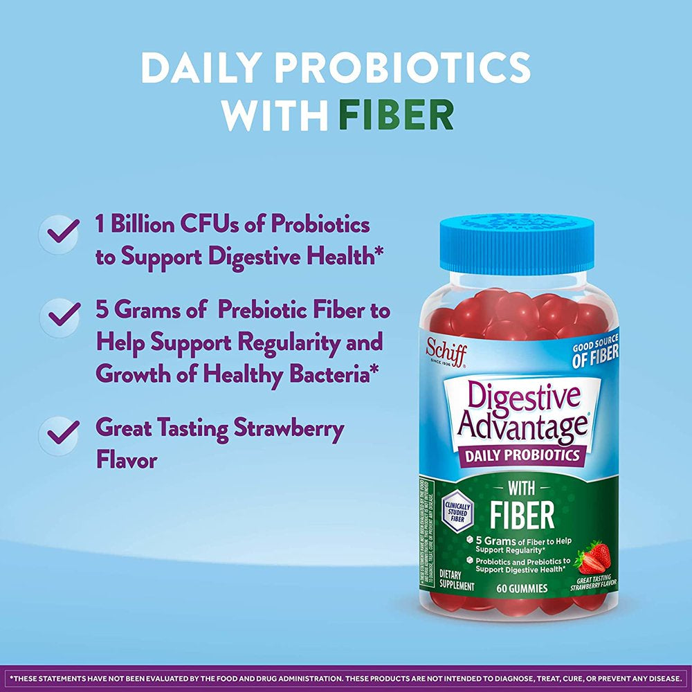 Digestive Advantage Daily Probiotic + Prebiotic Fiber, for Digestive & Immune Health, Strawberry Flavor - 60 Gummies (Pack of 2)