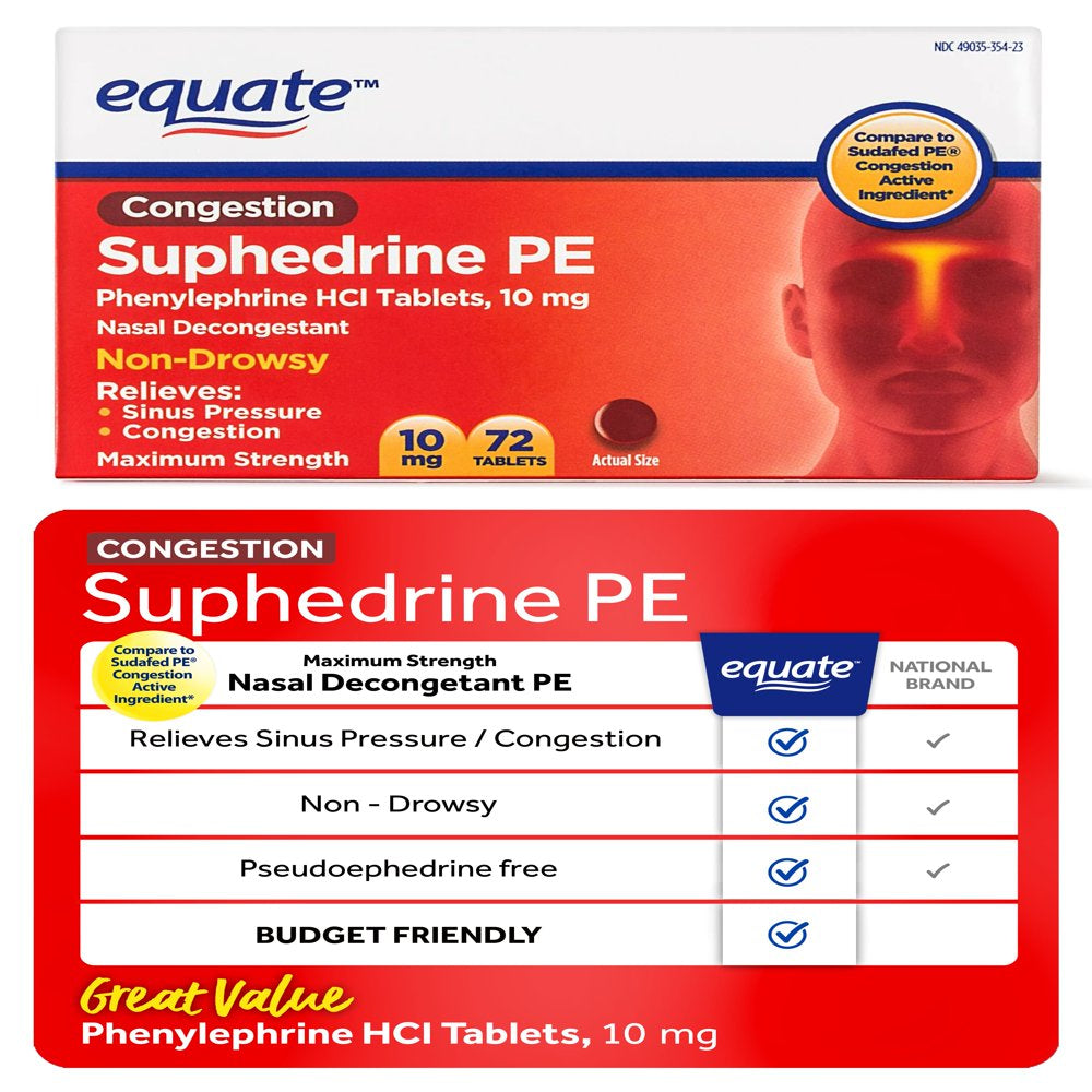 Equate Maximum Strength Non Drowsy Sinus Congestion PE Medicine, 72 Tablets