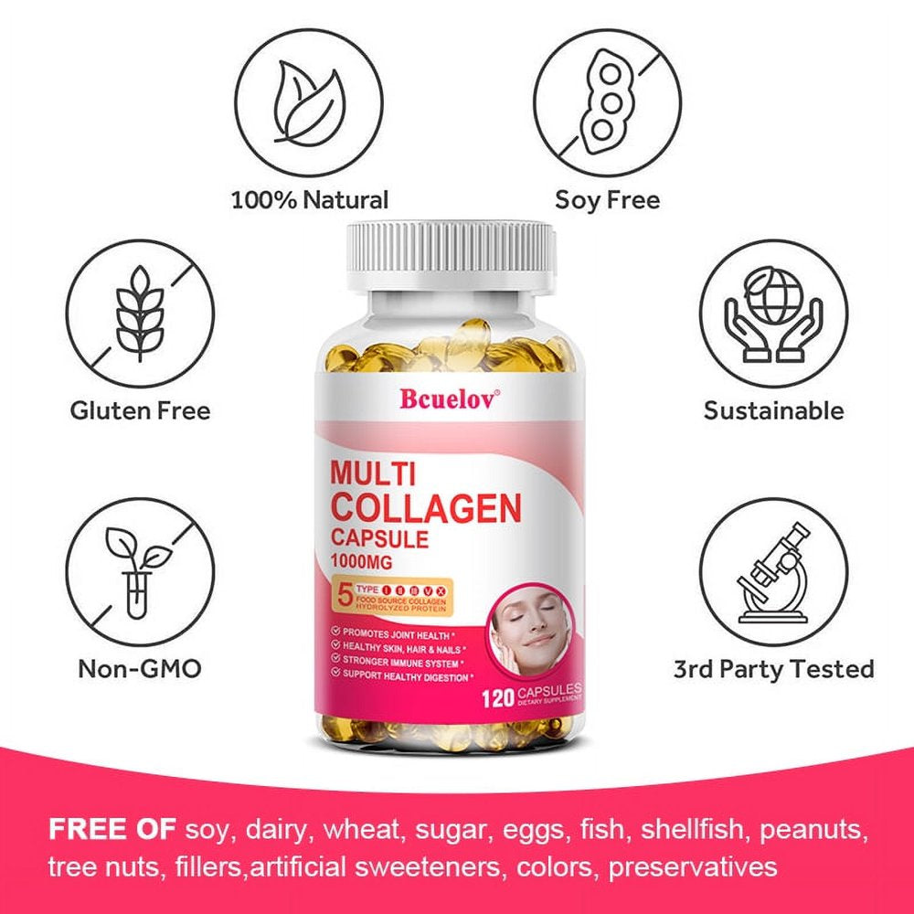 Bcuelov Collagen Complex Types I, II, III, V & X - Contains Pure Hydrolyzed Marine Collagen Peptides - for Skin, Nails, Hair, Gut, Joint Health