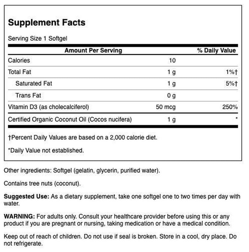 Swanson Vitamin D-3 with Coconut Oil - High Potency 2,000 Iu 60 Softgels