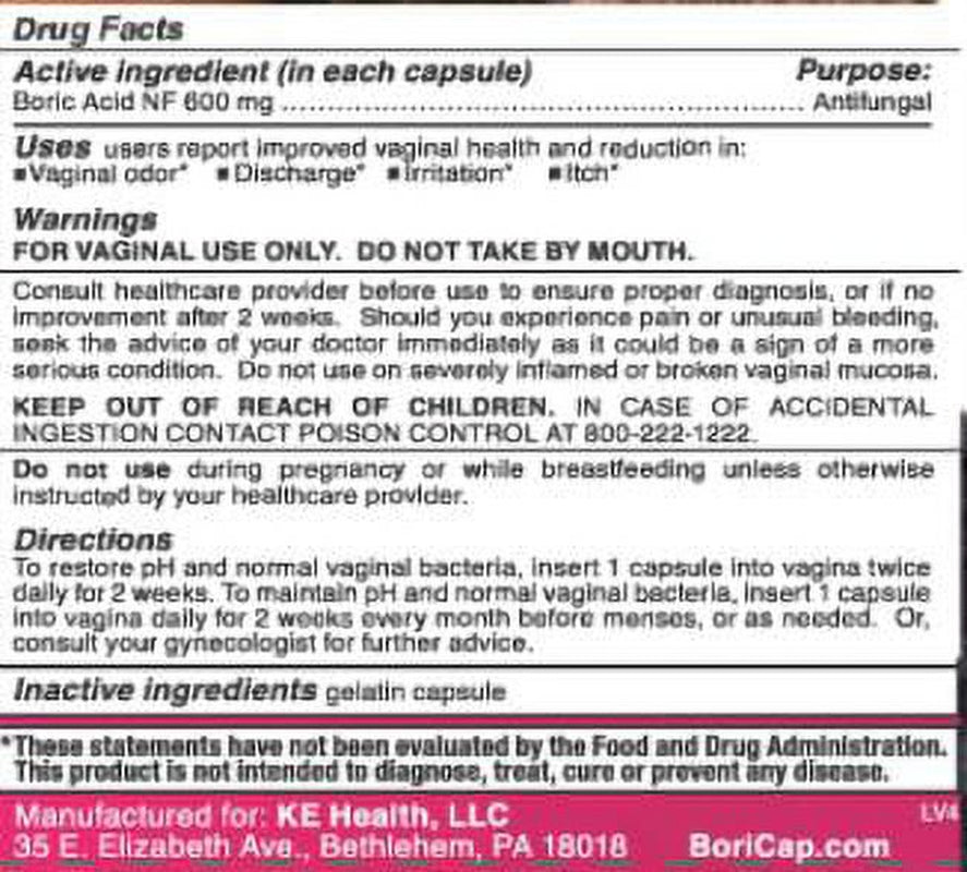 Boricap Boric Acid - Restores Ph and Normal Vaginal Health 600Mg -30Ct