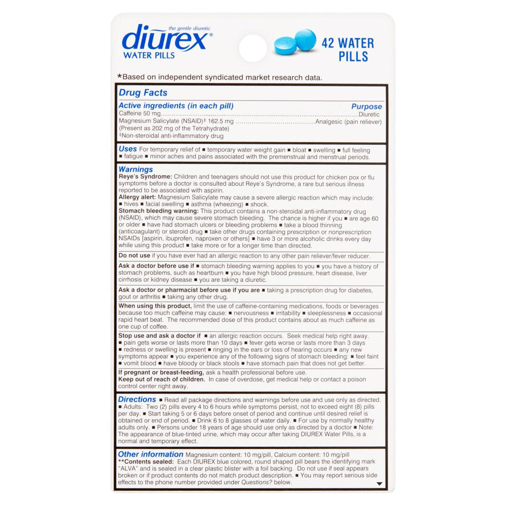 Diurex Water Pills + Pain Relief - Relieve Water Bloat, Cramps, & Fatigue - 42 Ct