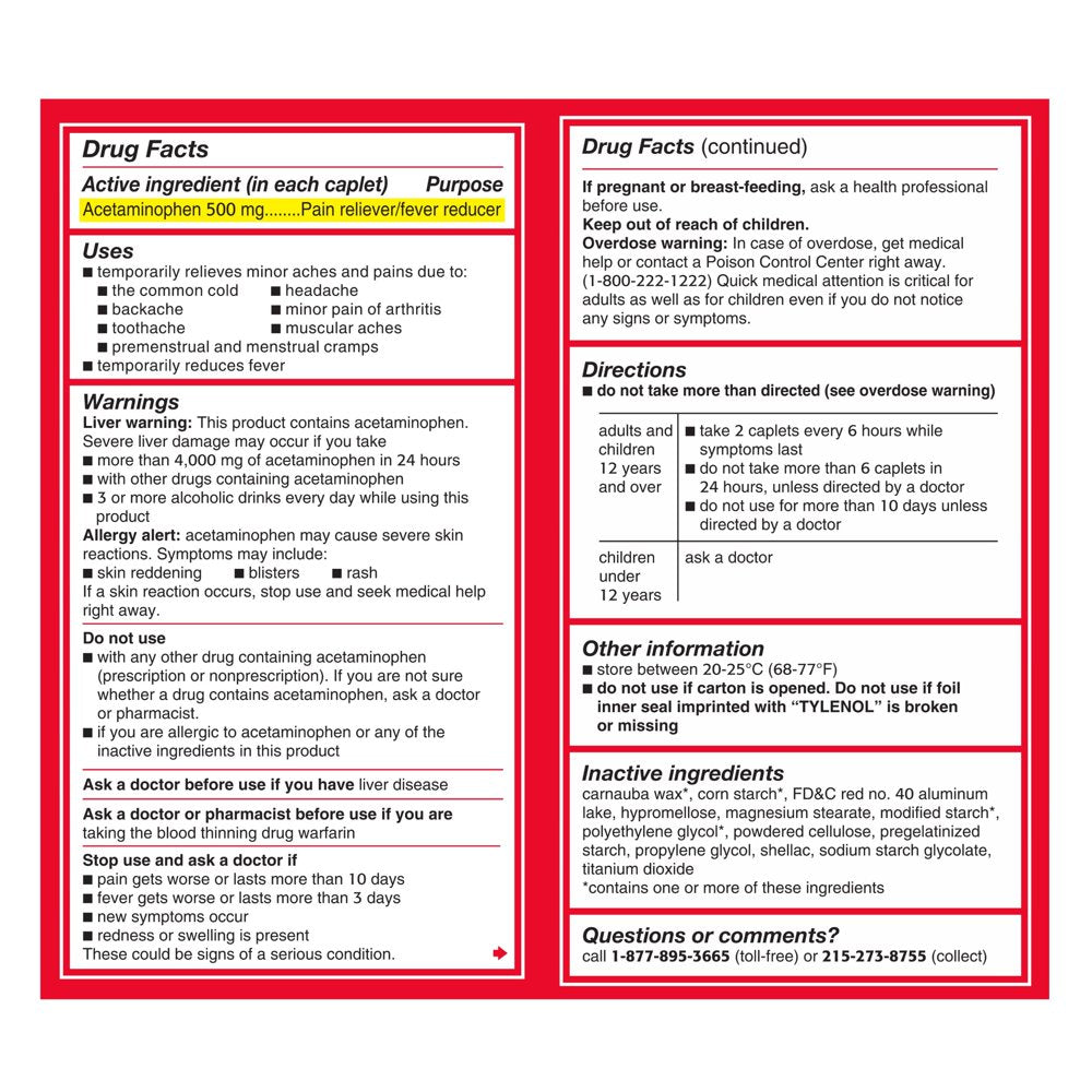 Tylenol Extra Strength Caplets with 500 Mg Acetaminophen, 100 Ct