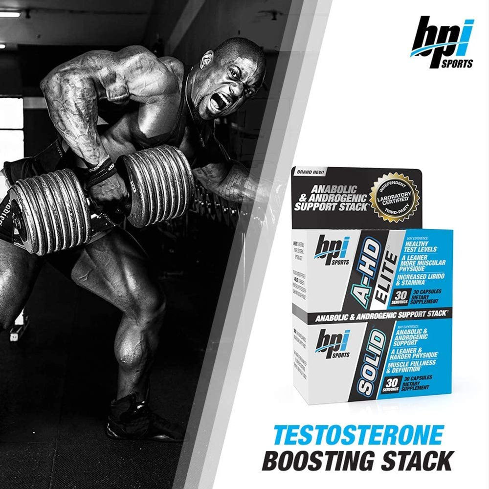 BPI Sports A-HD Elite/Solid Test Booster, Muscle Builder Stack, 60 Capsules
