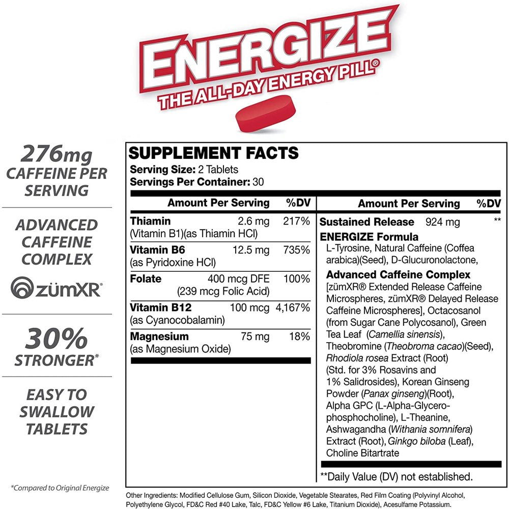 Isatori Energize Extra Strength Caffeine Pills - Fast Acting Long-Lasting Energy Pill - Extended-Release Caffeine - Improved Alertness and Clarity - All Day Energy, No Jitters, No Crash (60 Tablets)