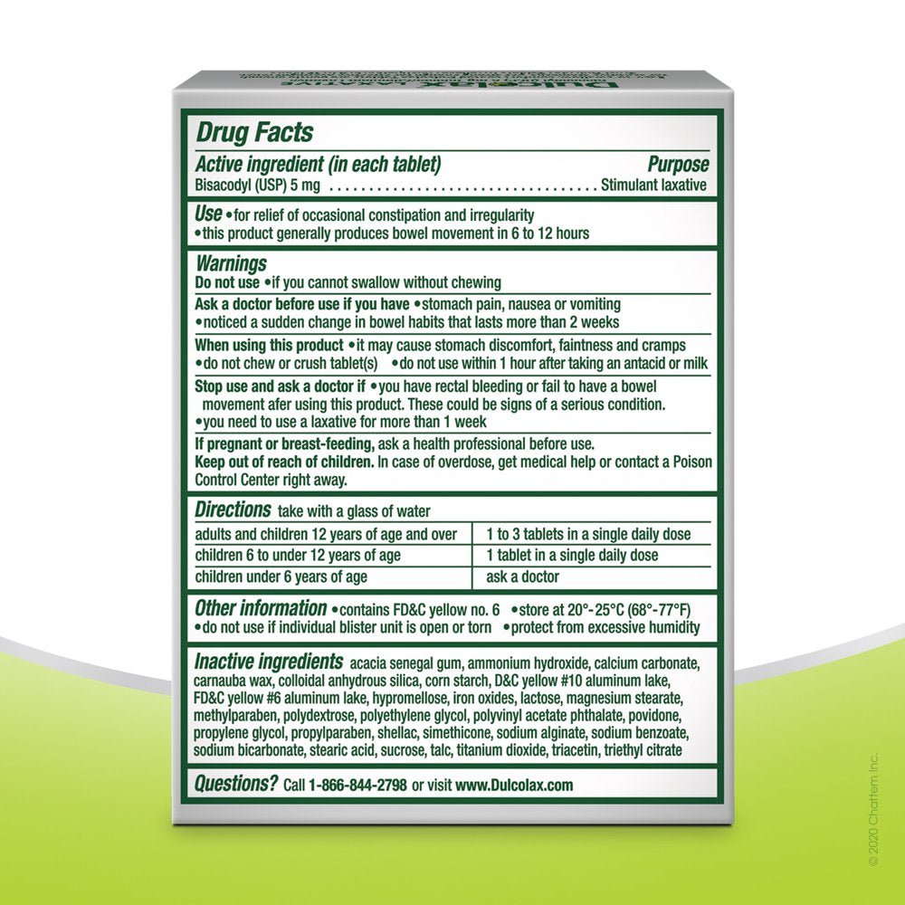 Dulcolax Stimulant Laxative, Gentle Overnight Constipation Relief, Bisacodyl 5Mg Tablets, 6 Ct
