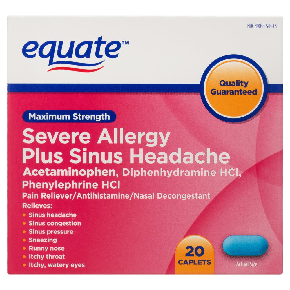 Equate Maximum Strength Severe Allergy plus Sinus Headache Caplets, 20 Count