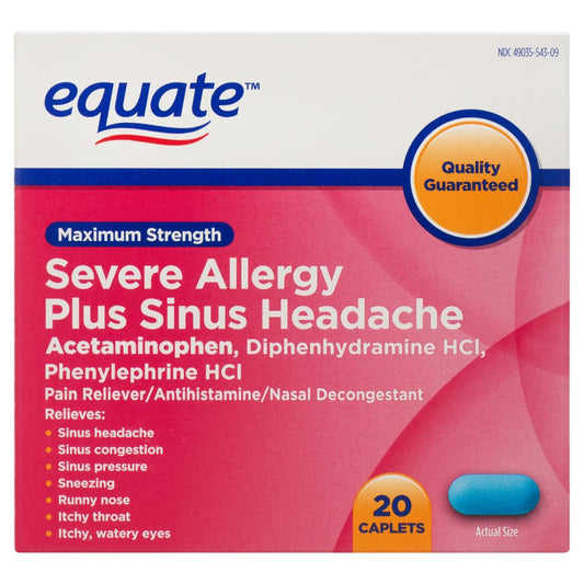 Equate Maximum Strength Severe Allergy plus Sinus Headache Caplets, 20 Count