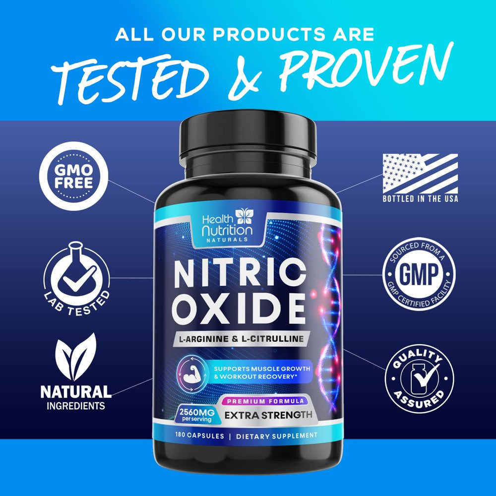 Extra Strength Nitric Oxide Supplement L Arginine 3X Strength - Citrulline Malate, AAKG, Beta Alanine - Premium Muscle Supporting Nitric Booster for Energy & Strength to Train Harder - 180 Capsules