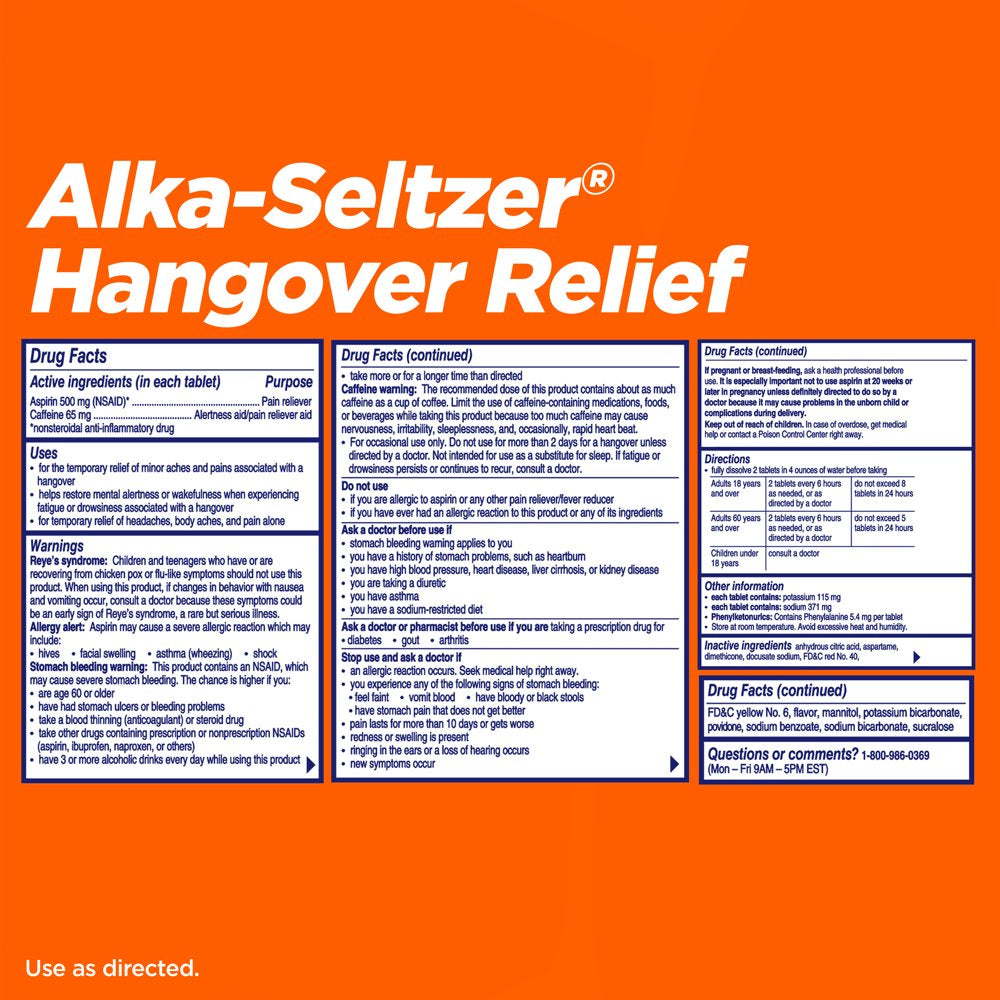 Alka-Seltzer Effervescent Hangover Relief, Aspirin, Caffeine, 20 Count
