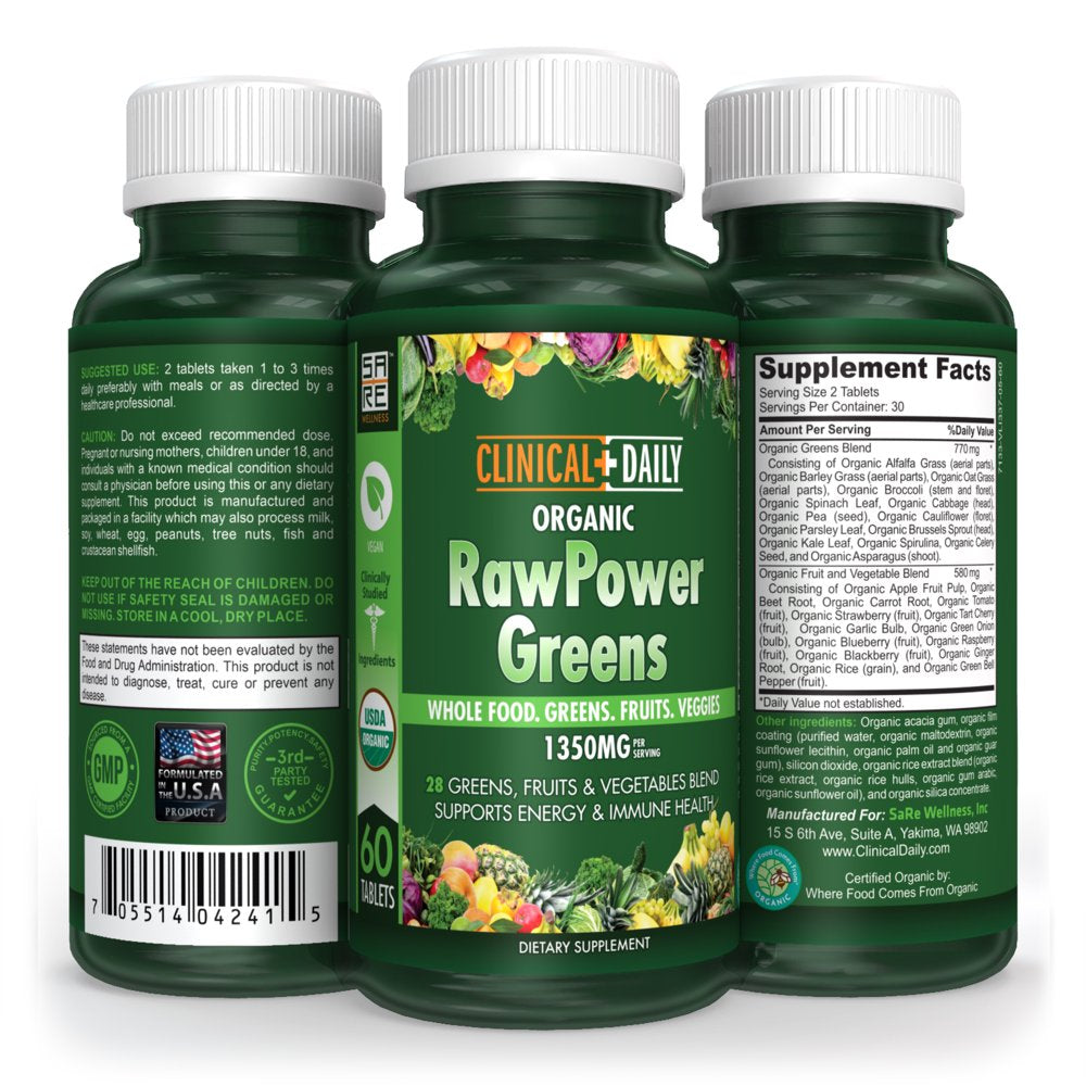 CLINICAL DAILY Raw Power Greens Organic USDA Tablets - Start Dissolving Fast for Absorption. Your Super Greens Powder Organic Superfood in Convenient Fruits and Veggies Supplement Pills. Vegan 60 Ct