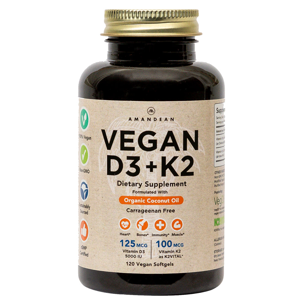 Amandean Vitamin D3 K2. Vegan D3 5000 Iu from Algae. All-Trans MK-7 K2. 120 Softgels. Plant-Based & Carrageenan Free. Organic Coconut Oil Blend. Vit D + K for Mood, Bones, Heart, Teeth, Immune Health.