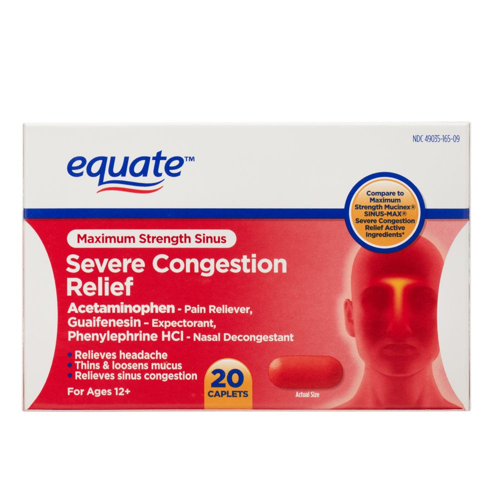 Equate Maximum Strength Sinus Severe Congestion Relief Caplets, 20 Count