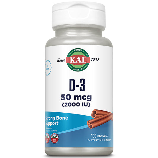 KAL D-3 2000 IU Sugarless Chewable Vitamin Tablets, Cinnamon, 100 Count