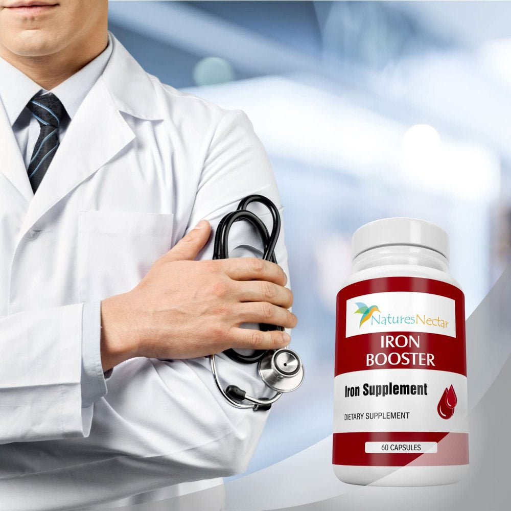 Iron Booster - Dietary Supplement for Women with Vitamin C, B12 & Folic Acid - Boost Red Blood Cell Production- Best Iron Supplements for Anemia - Raw Iron Vitamins 60 Capsules