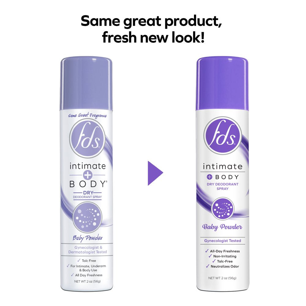 FDS Intimate + Body Dry Feminine Deodorant Spray, Baby Powder, 3 Pack