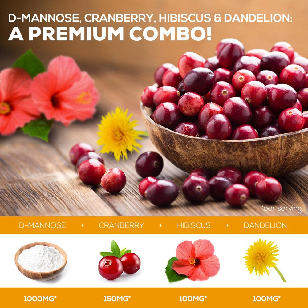 D-Mannose with Cranberry Extract 1350 Mg Complex - Fast-Acting Urinary Tract Health Support, Natural Non-Gmo & Vegan Capsules, Flush Impurities, Extra Strength Dmannose for Women & Men - 60 Capsules