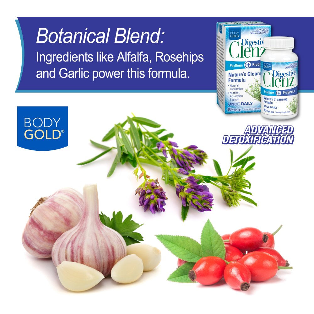 Body Gold Digestive Clenz | Healthy Detoxification, Elimination & Nutrient Absorption Support | 30 Servings, 90 Vegcaps