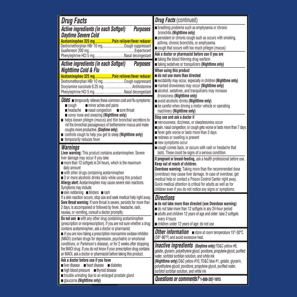 Equate Maximum Strength Daytime Severe Cold & Nighttime Cold & Flu Softgels, 24 Count