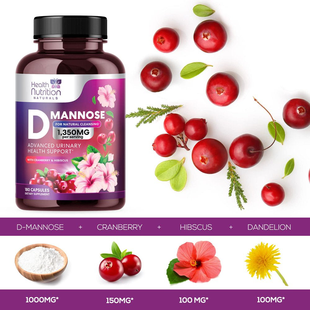 D-Mannose with Cranberry Extract 1350 Mg Complex - Fast-Acting Urinary Tract Health Support, Natural Non-Gmo & Vegan Capsules, Flush Impurities, Extra Strength Dmannose for Women & Men - 180 Capsules