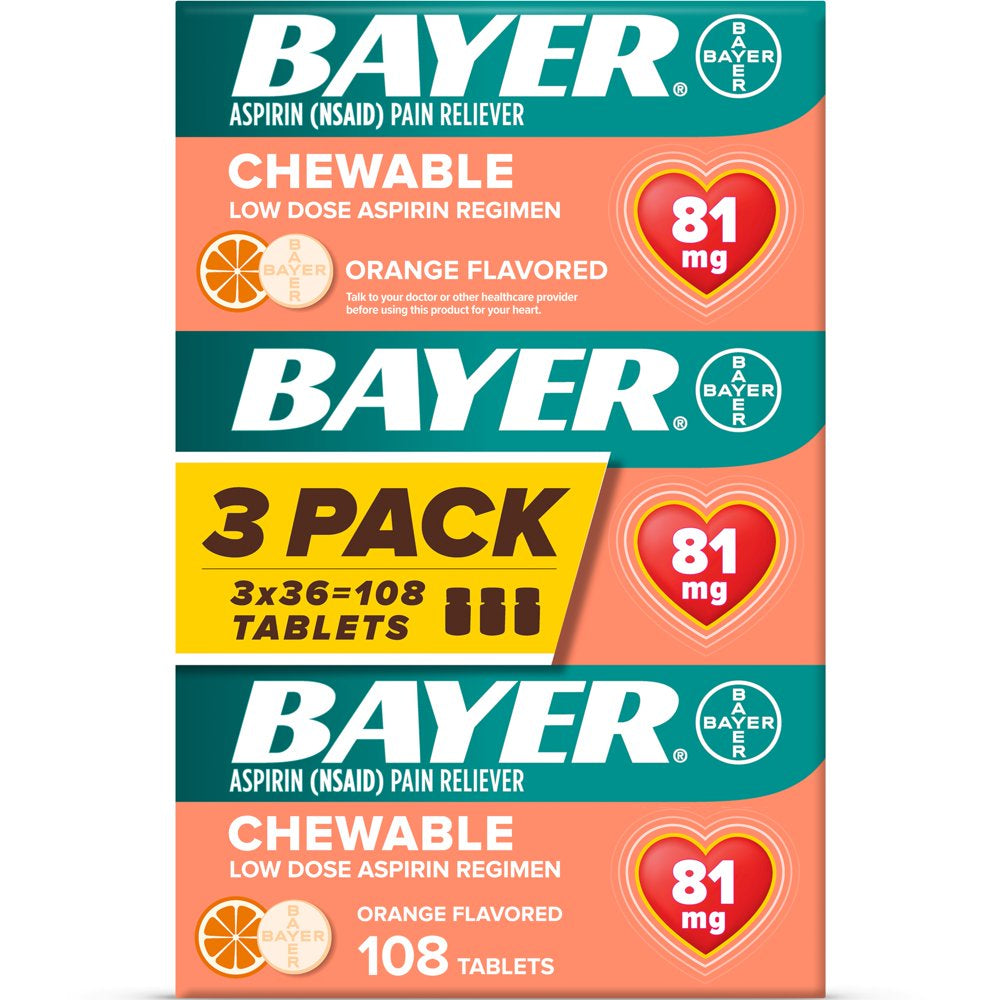 Bayer Chewable Aspirin Regimen Low Dose Pain Reliever Tablets, 81Mg, Orange, 108 Count