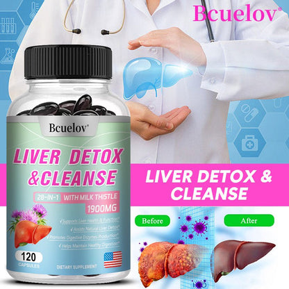 Bcuelov 28-In-1 Liver Cleanse Detox & Repair Fatty Liver Formula - Milk Thistle, Artichoke Extract, Dandelion & Apple Cider Vinegar - Liver Health Supplement Support Capsules