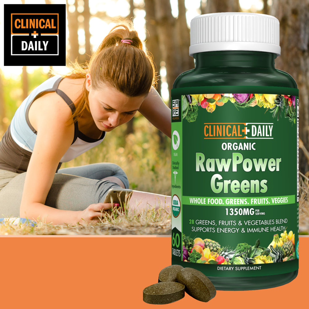 CLINICAL DAILY Raw Power Greens Organic USDA Tablets - Start Dissolving Fast for Absorption. Your Super Greens Powder Organic Superfood in Convenient Fruits and Veggies Supplement Pills. Vegan 60 Ct