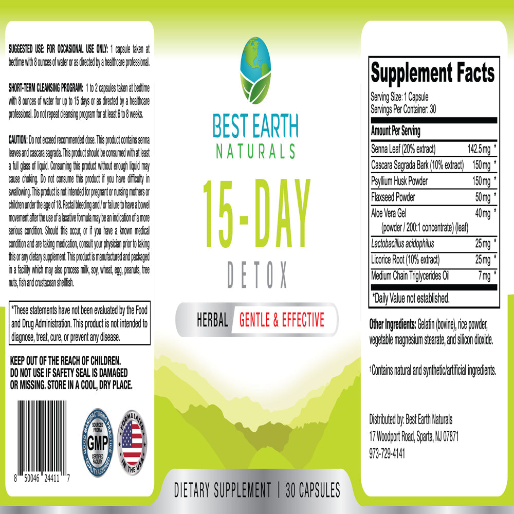 Best Earth Naturals 15 Day Detox Colon Cleanse with Senna, Cascara Sagrada, Fiber, 30Ct