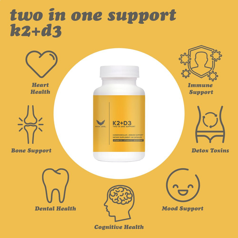 High Level K2-D3 - Vitamin K2 (MK7) with Two in One Support Complex with Bioperine (Black Pepper) | 60 Veggie Capsules | 5000Iu D3 Cholecalciferol, 100Mcg K2 | Heart, Bone and Immune Health