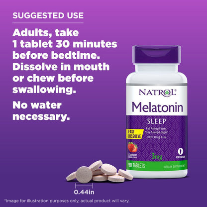 Natrol Melatonin Fast Dissolve Sleep Aid Tablets, Strawberry, Drug-Free, 3Mg, 90 Count