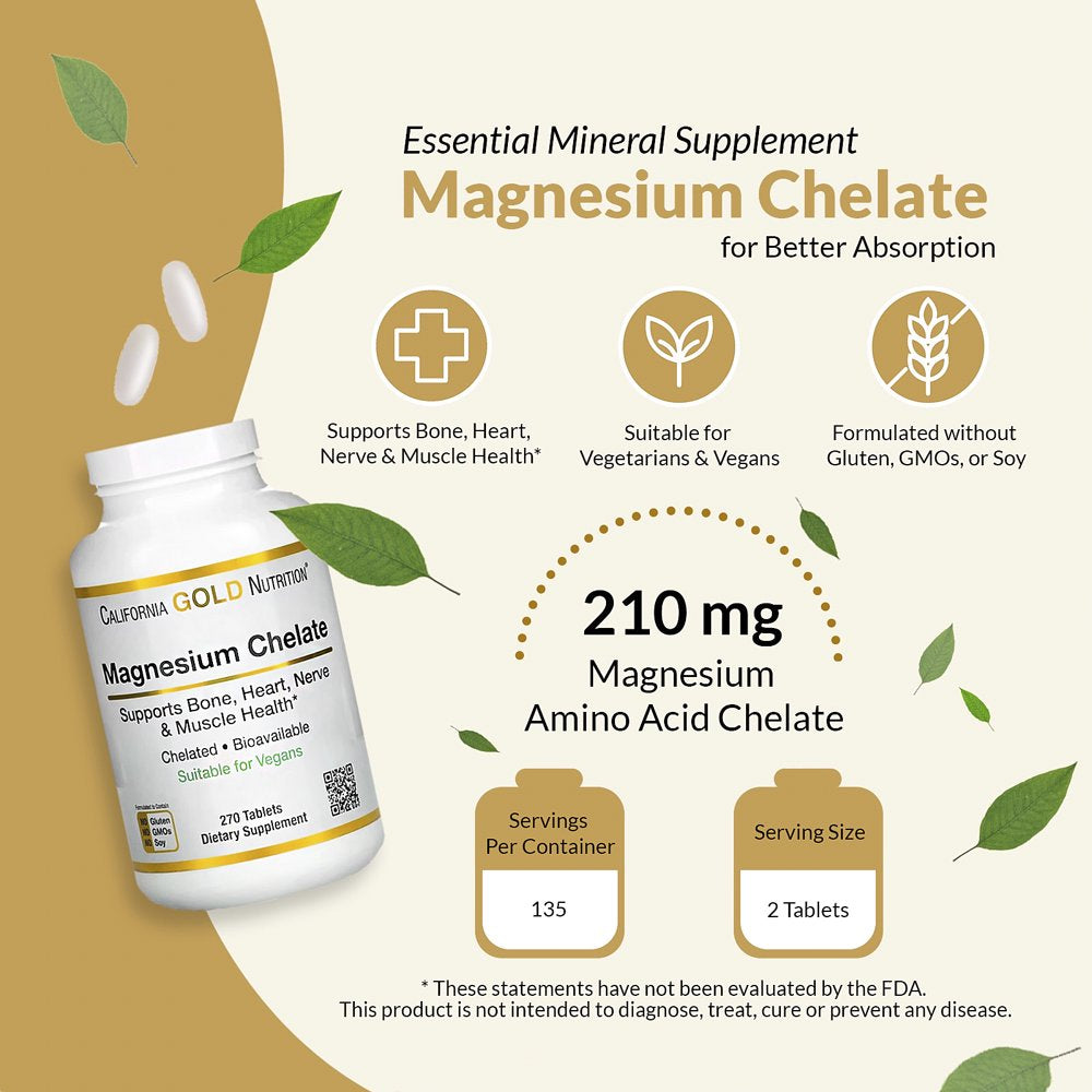 California Gold Nutrition Magnesium Chelate, 210 Mg, 270 Tablets