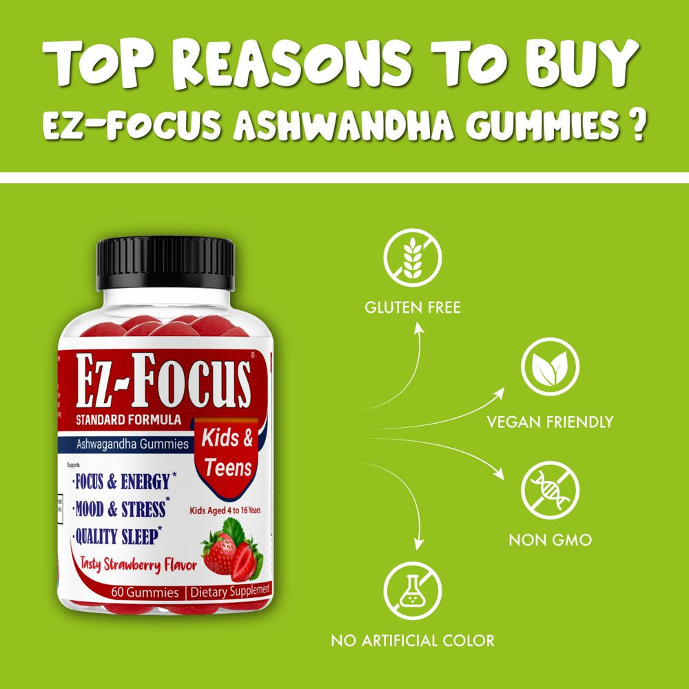 Ez-Focus Brain Booster Gummies for Kids & Teens -Brain Supplement with Omega, Support Focus, Memory, Concentration and Cognition - Vegan, Non-Gmo - 60 Gummies by Celebrity Lifestyle