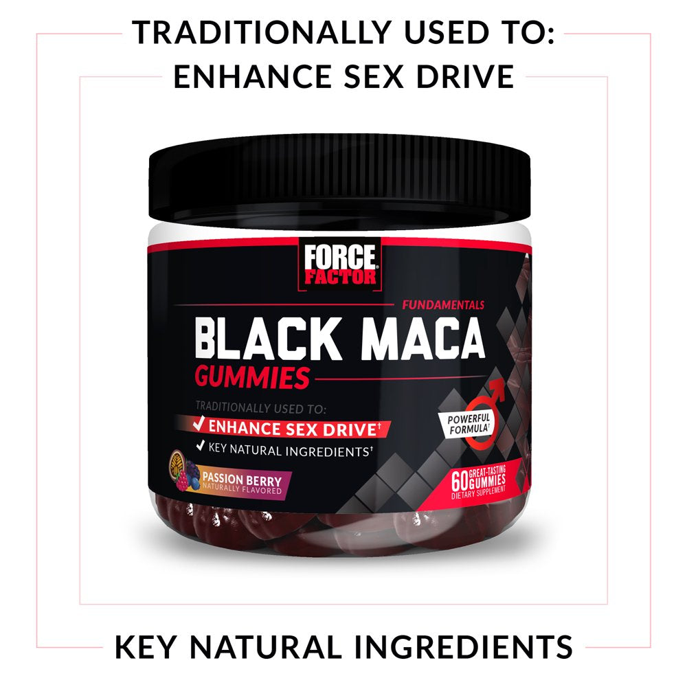 Force Factor Black Maca Gummies, Black Maca Root to Enhance Male Vitality, Increase Energy & Strength, with Bioperine for Superior Absorption, Delicious Passion Berry Flavor, 60 Gummies