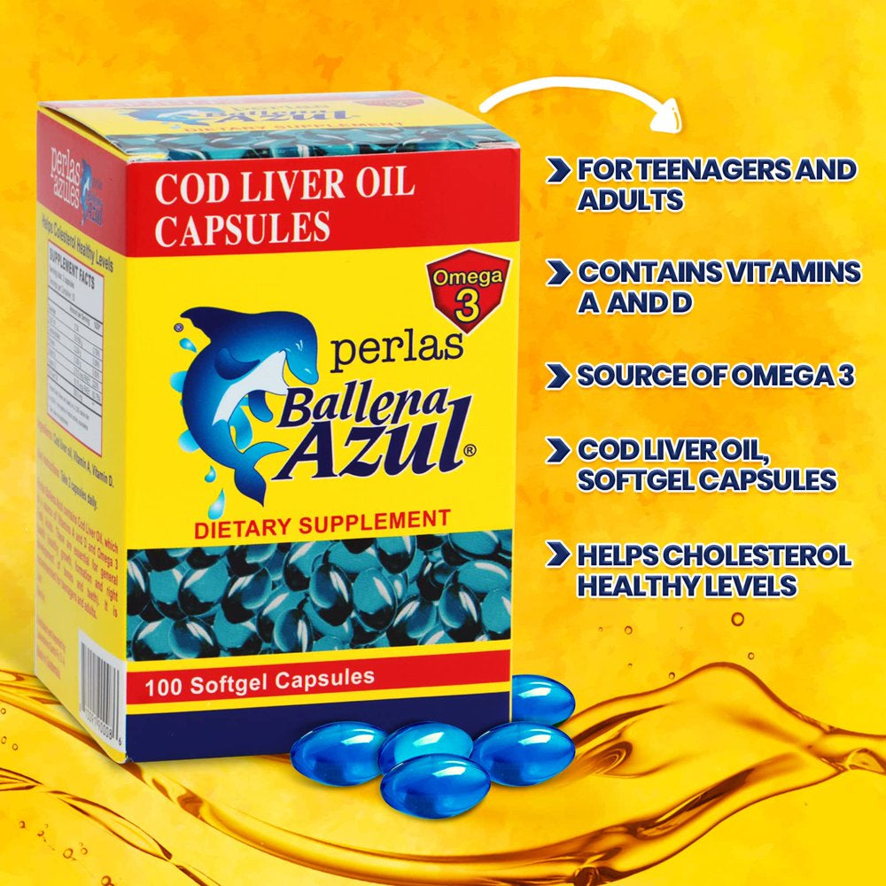 Ballena Azul Aceite De Hígado De Bacalao Para Adultos Y Niños, COD Liver Oil for Adults and Children, Good Source of Vitamins A,D,E, B1, Dietary Supplement, Omega 3, Inmune System Boost, (Capsules)