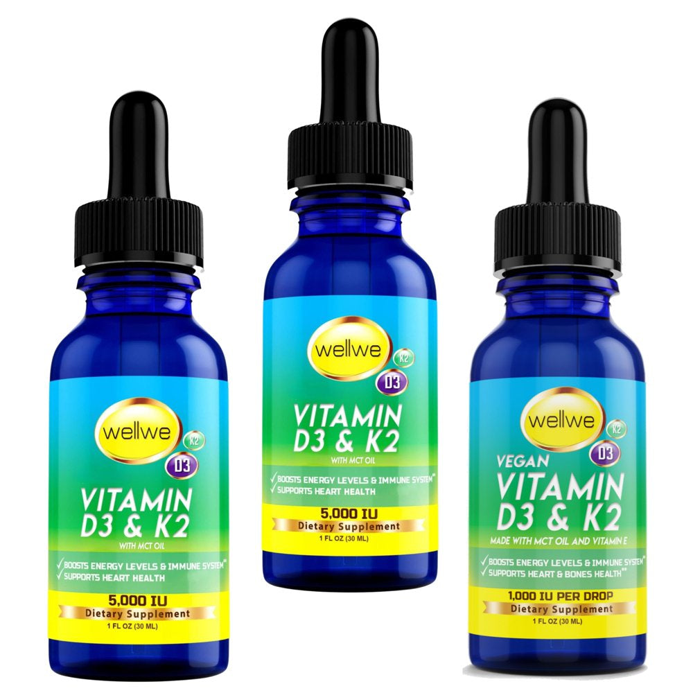 Liquid Vitamin D3 K2 Drops with MCT Oil 5000 IU - Vegan, Unflavored, Soy-Free, Non-Gmo, Energy Levels & Immune System Boost, Heart & Bones Health Support (3 Pack)