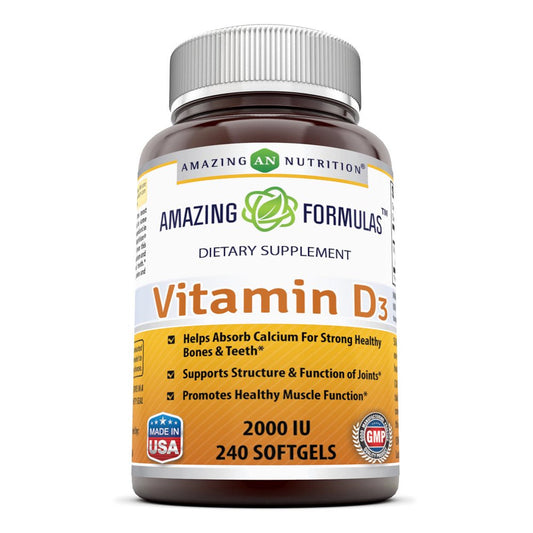 Amazing Nutrition Amazing Formulas Vitamin D3- 2,000 IU, 240 Softgels- Important Vitamin for Optimal Body Function- Supports Bone Health, Cardiovascular Health, Kidney Function and Over-All Well-Being