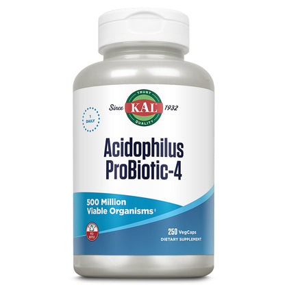 KAL Acidophilus Probiotic - 4 | for Intestinal Flora Nutritive Support | 500 Million Cfus, 4 Strains | for Men & Women | Vegetarian Capsules | 250Ct