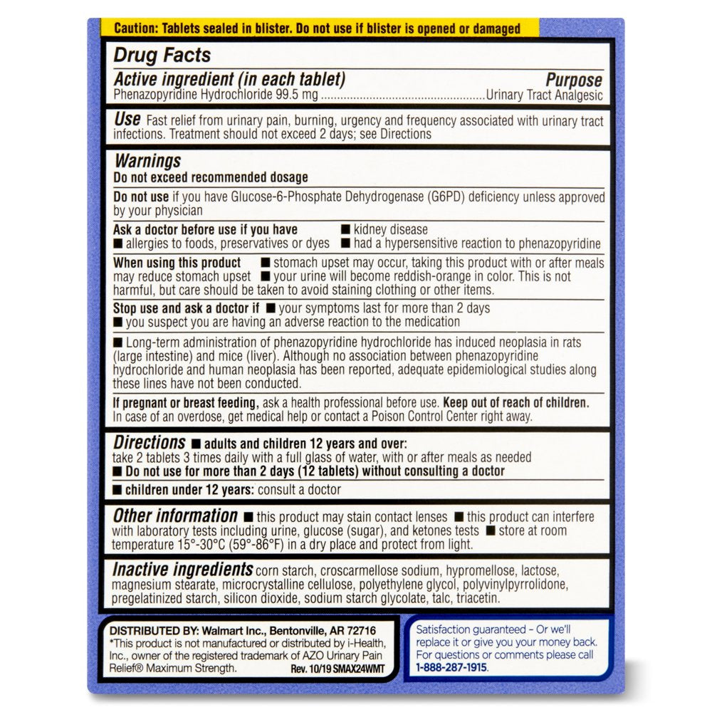 Equate Maximum Strength Urinary Pain Relief Tablets, 99.5 Mg, 24 Count