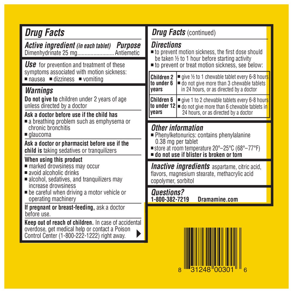 Dramamine Kids Chewable, Motion Sickness Relief, Grape Flavor, 8 Count