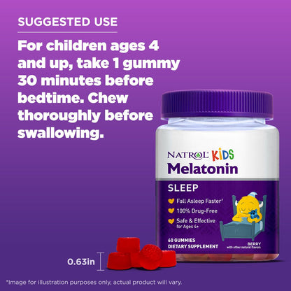 Natrol Kids Melatonin Sleep Aid Gummies, Ages 4 and Up, Drug-Free, Raspberry, 1Mg, 60 Count