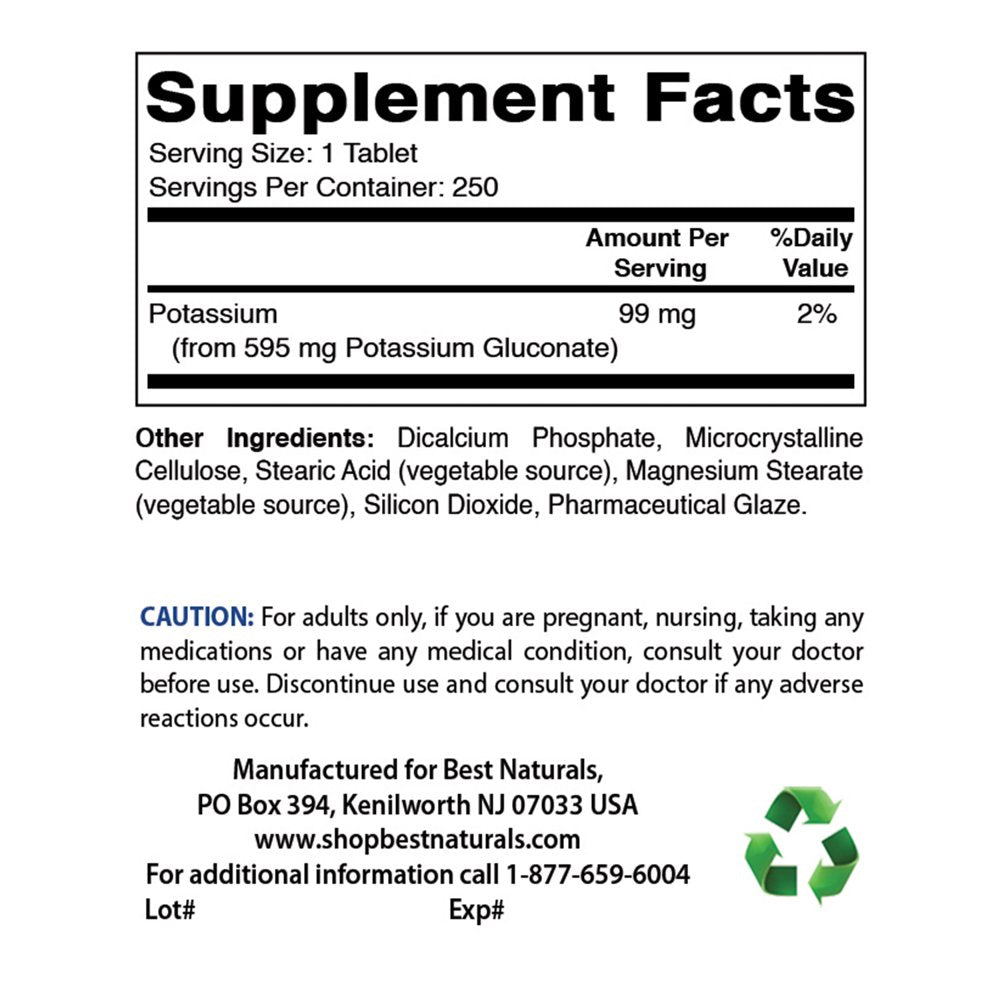 Best Naturals Potassium Gluconate Supplement 595 Mg 250 Tablets