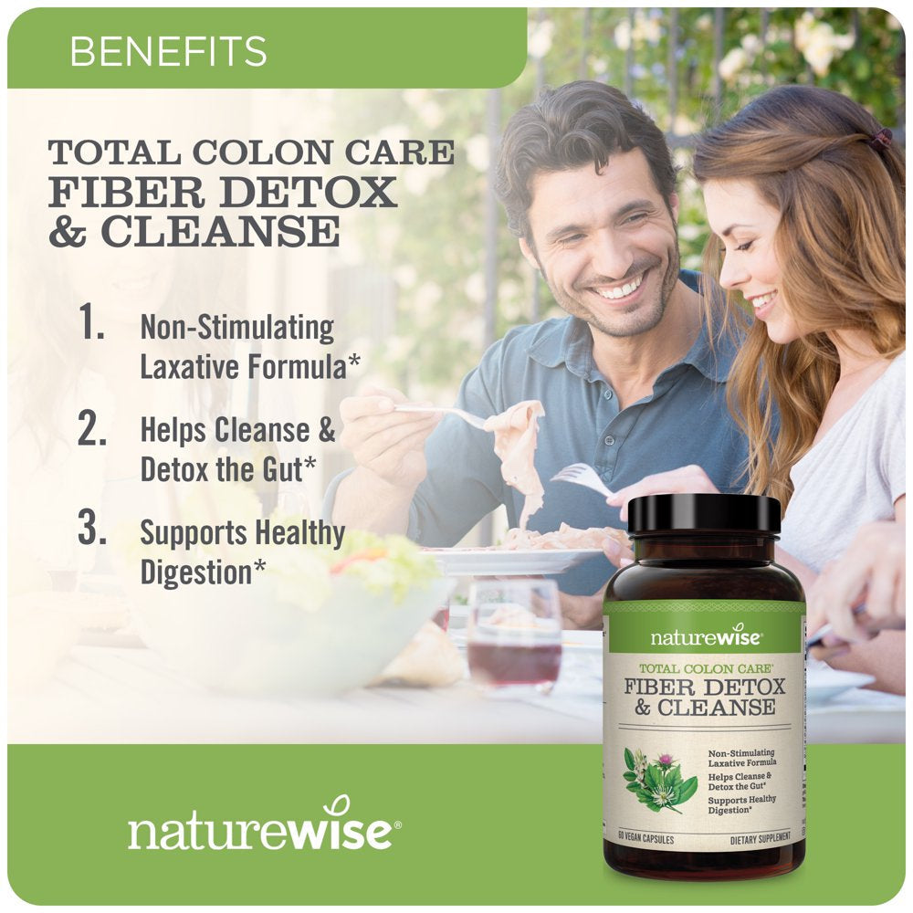 Naturewise Total Colon Care Fiber Cleanse with Safe Herbal Laxatives Prebiotics & Digestive Enzymes for Healthy Elimination Safe Digestion & Weight Detox & Gut Health 60 Vegetarian Capsules