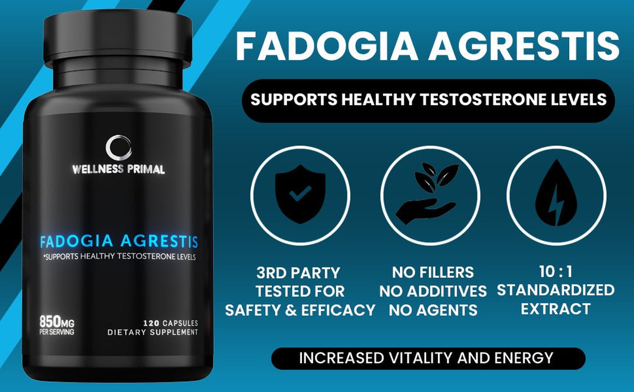 Fadogia Agrestis 850Mg per Serving (120 Capsules) Maximum Strength Extract Supports Healthy Testosterone Levels and Athletic Performance Made in the USA by Wellness Primal (3 Bottle)