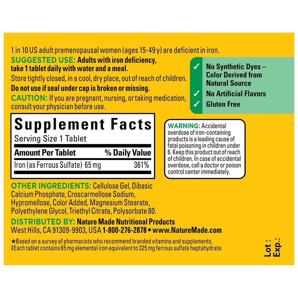 Nature Made Iron 65 Mg (325 Mg Ferrous Sulfate) Tablets, Dietary Supplement, 190 Count