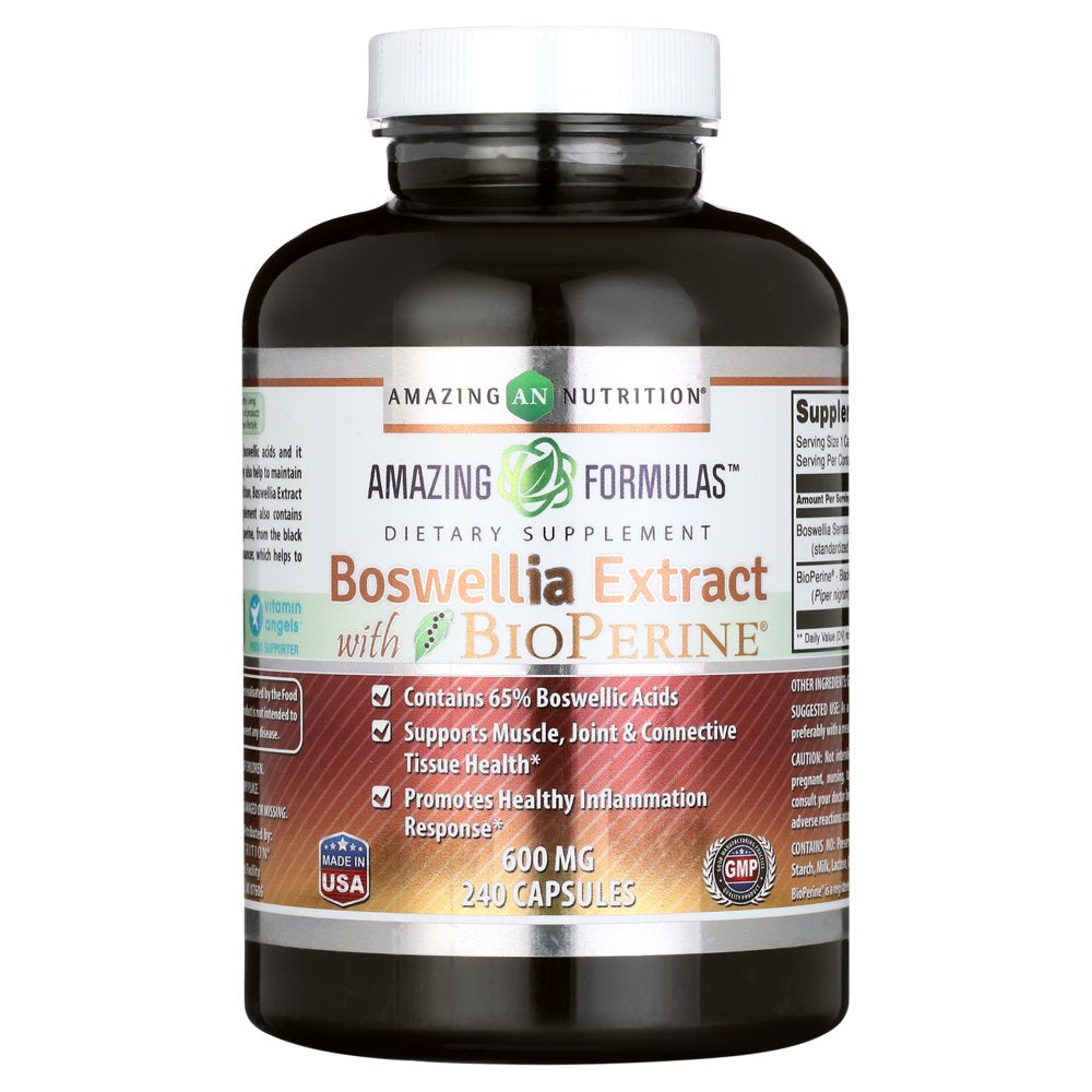 Amazing Formulas Boswellia Extract with Bioperine- 600Mg (Standardized to 65% Boswellic Acids), Capsules - Contains 65% Boswellic Acids, Supports Muscle, Joint & Connective Tissue Health (240 Count)