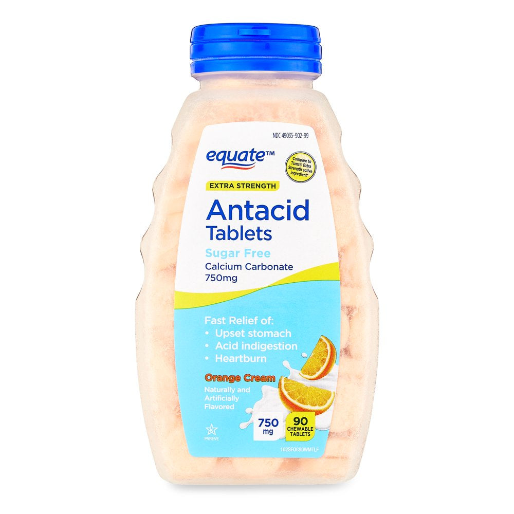 Equate Extra Strength Sugar-Free Antacid Chewable Tablets, Orange Cream,750 Mg, 90 Count